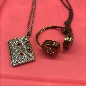 Set of 2 - Cassette Tape & Headphones Rhinestone Necklaces